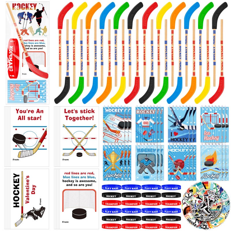 Gosodeny 24 Set Valentines Gift Hockey Party Favors Includes Multicolor Hockey Stick Pencils Mini Notebooks Sports Notepads Hockey Bracelet Exchange Classroom Rewards Prizes Party Supplies Goodie Bags - Image 1
