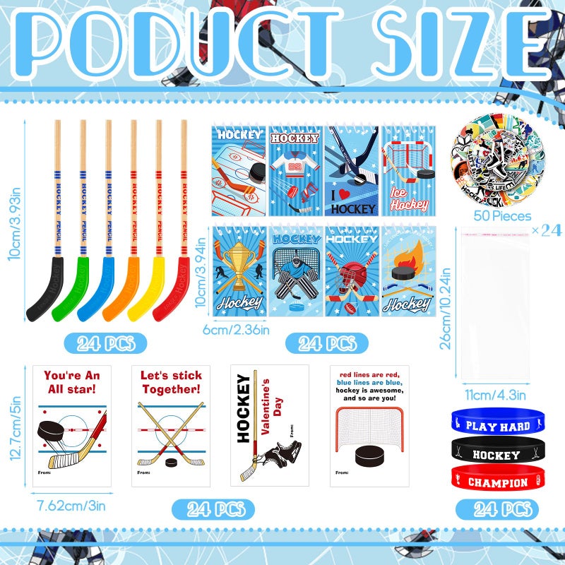 Gosodeny 24 Set Valentines Gift Hockey Party Favors Includes Multicolor Hockey Stick Pencils Mini Notebooks Sports Notepads Hockey Bracelet Exchange Classroom Rewards Prizes Party Supplies Goodie Bags - Image 2
