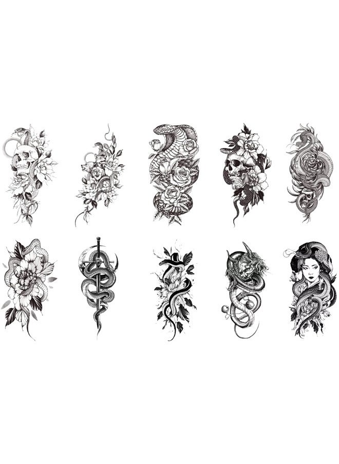 Yeahgoshopping - 10 Sheets Yeahgoshopping Black Snake Temporary Tattoos with Flower Zombie Sword For Men Women Neck Arm Body Art Waterproof Fake Tattoo Stickers Flash Decals - Image 1