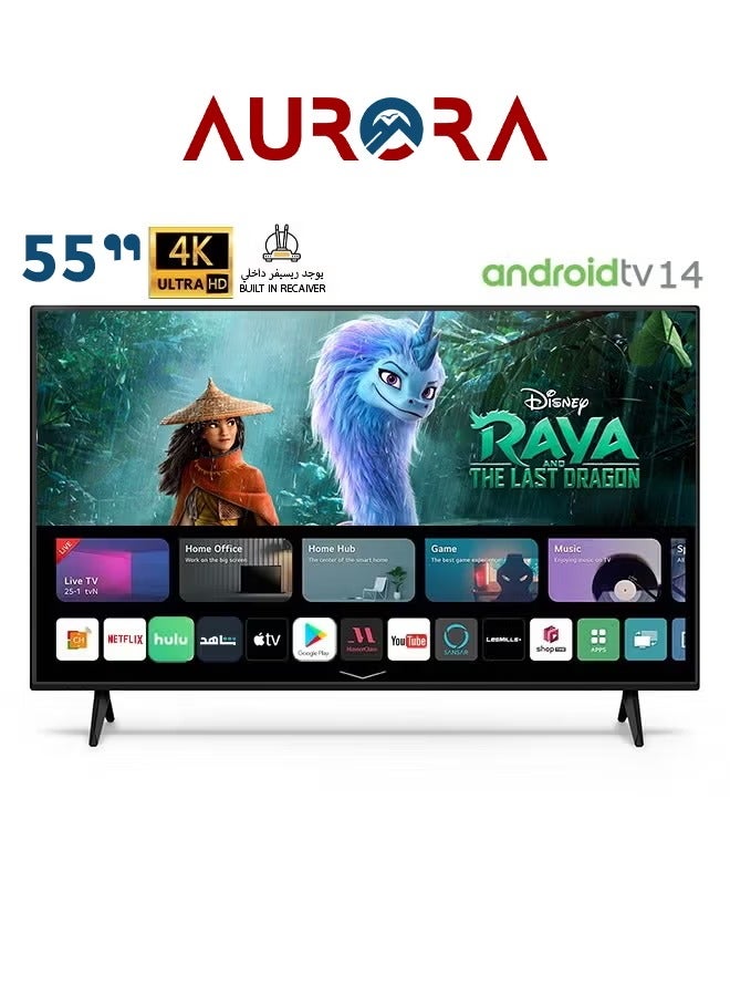 اورورا تلفزيون ارو 55 بوصة 4K الترا اتش دي سمارت - شاشة اندرويد 14 مسطحة و lnnolux، يدعم الواي فاي، اتصال USB - AR-55LPS - Image 1