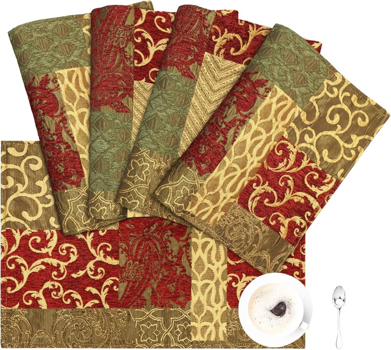 Loom and Mill طقم مفارش طاولة فاخر من لوم آند ميل مكون من 4 قطع بتصميم باتش وورك داماسك شنيلا جاكار غير قابلة للانزلاق لمفارش الطاولة لتناول الطعام في المطبخ حفلة زينة العطلات متينة قابلة للغسل أحمر ذهبي 12x18 بوصة - Image 1