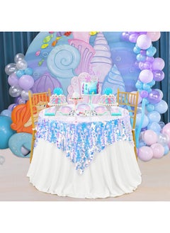 QueenDream QueenDream White Sequin Tablecloth Mermaid Party: Big Payette Glitter Fabric - 51x35 Inch Rectangle for Rainbow Birthday Decor  - Image 5