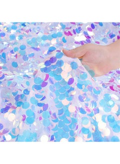 QueenDream QueenDream White Sequin Tablecloth Mermaid Party: Big Payette Glitter Fabric - 51x35 Inch Rectangle for Rainbow Birthday Decor  - Image 1