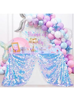 QueenDream QueenDream White Sequin Tablecloth Mermaid Party: Big Payette Glitter Fabric - 51x35 Inch Rectangle for Rainbow Birthday Decor  - Image 3
