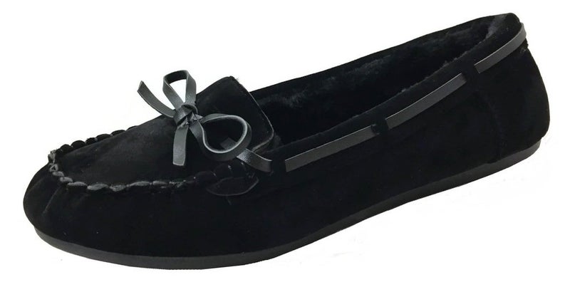 Blueberry Womens Faux Soft Suede Fur Lined Moccasin House Slippers Black, 6.5 - Image 1