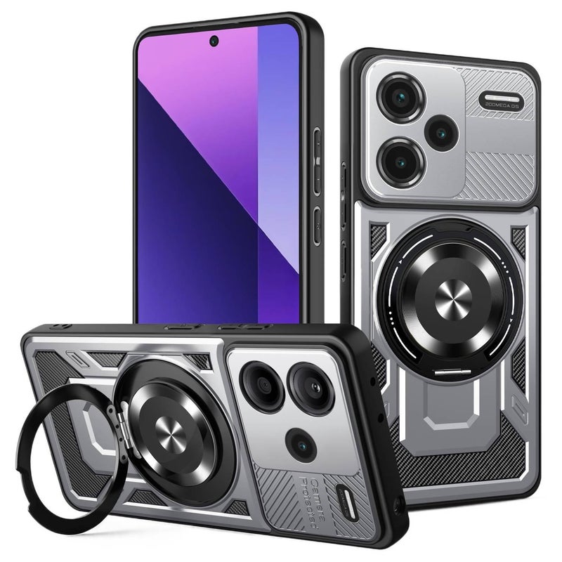 غطاء MagSafe بTPU + PC باللون رمادي مغناطيسي بوظيفة حامل من مادة TPU لـ Redmi Note 14 Pro مع مغناطيس قوي وحامل قائم مع مقاوم للصدمات مع حماية من السقوط للسفر للمكتب للطاولة - Image 1
