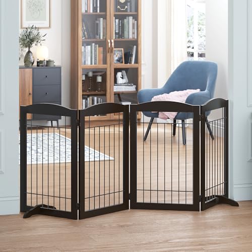 Spirich Freestanding Wire Pet Gate for Dogs 30 inches Tall Dog Gate for The Houes Doorway Stairs Pet Puppy Safety FenceSet of Support Feet Included Espresso 4 Panels ASIN B07T8Z8NKL