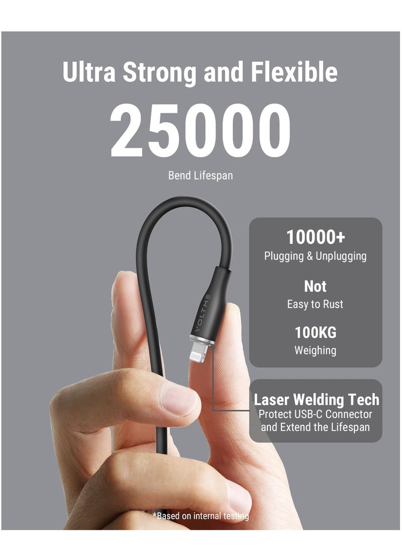 VOLTME - Powerlink Moss USB A to Lightning Cable for iPhone 14/13/ 12 Pro Max / 12/11 Pro/X/XS/XR / 8 Plus (1.2m) 3A Zinc-Alloy Connector - Black - Image 1