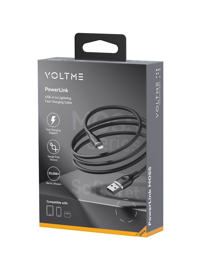 VOLTME - Powerlink Moss USB A to Lightning Cable for iPhone 14/13/ 12 Pro Max / 12/11 Pro/X/XS/XR / 8 Plus (1.2m) 3A Zinc-Alloy Connector - Black - Image 1