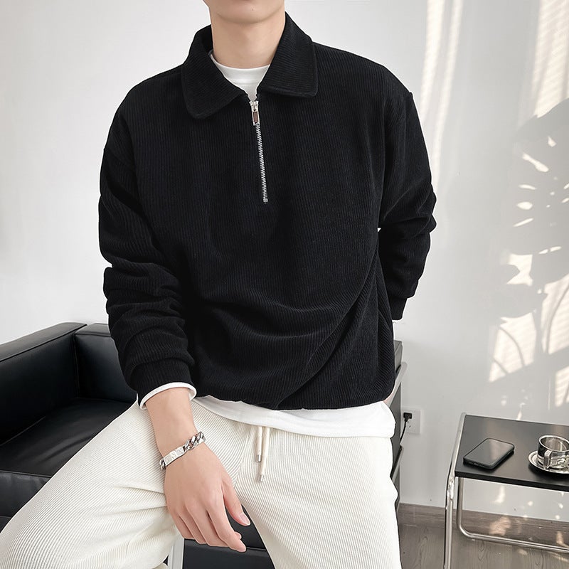 Autumn Winter Casual Polo Sweater Mens Knit Pullover Black  - Image 1