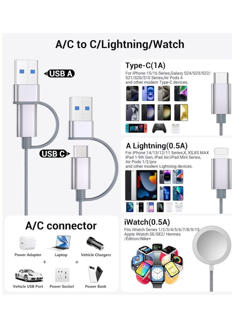 Generic - Charging USB C Watch Phone Charger 3 in 2 Cable, Compatible with Apple Watch Ultra SE Series 1-8, Universal Travel Multi Devices All in One Cord - Image 1
