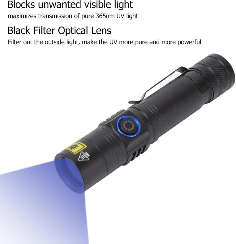 Naroote LED Black Light Flashlight, 365nm Rechargeable Portable Blacklight Detector with Pure 365nm Light & Aluminum Alloy Housing, Ideal for Finding Scorpions, Dog Urine & AC Leaks - Image 2