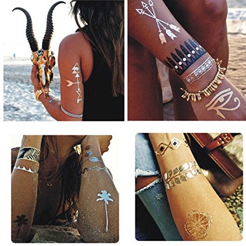 S.A.V.I 3D Temporary Tattoo Golden and Silver Metallic Sticker Virtual Beach Necklace With Leaves Design Size 21x15cm - 1pc. (6), Gold, 2 g - Image 2