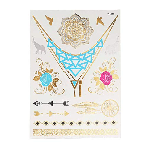S.A.V.I 3D Temporary Tattoo Golden and Silver Metallic Sticker Virtual Beach Necklace With Leaves Design Size 21x15cm - 1pc. (6), Gold, 2 g - Image 1