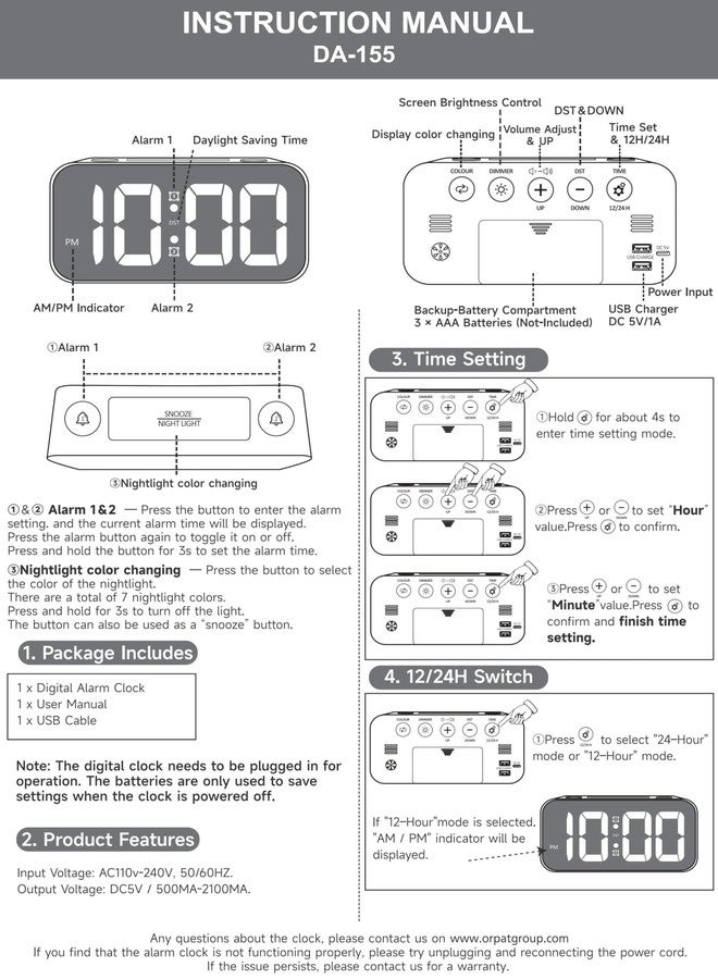 Ajanta Plastic 7 Inches Screen Digital Alarm Clock Table Clock|15 RGB Color Display|7 Color Night Light 4 Level Dimmer | 2 USB Ports| Super Loud Alarm for Heavy Sleepers (Run On USB Power Only) - Image 4