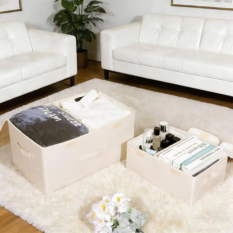 Valease 2 Pack Storage Boxes with Lids and Handles, Collapsible Linen Storage Bins Organizer Containers Baskets Cube with Removable Divider for Home Bedroom Closet Office (Cream, Large) - Image 4