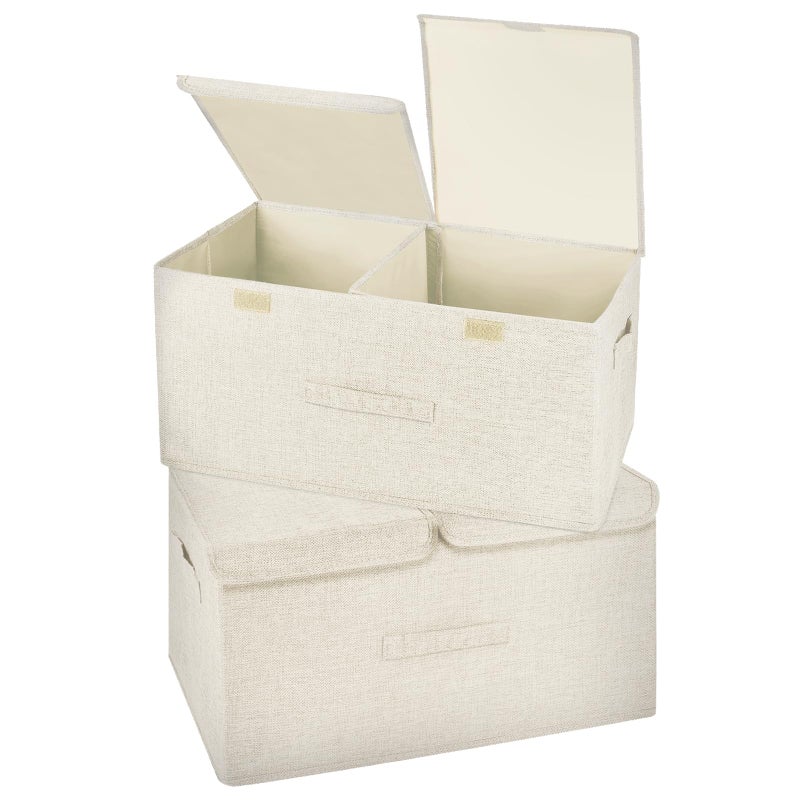 Valease 2 Pack Storage Boxes with Lids and Handles, Collapsible Linen Storage Bins Organizer Containers Baskets Cube with Removable Divider for Home Bedroom Closet Office (Cream, Large) - Image 1