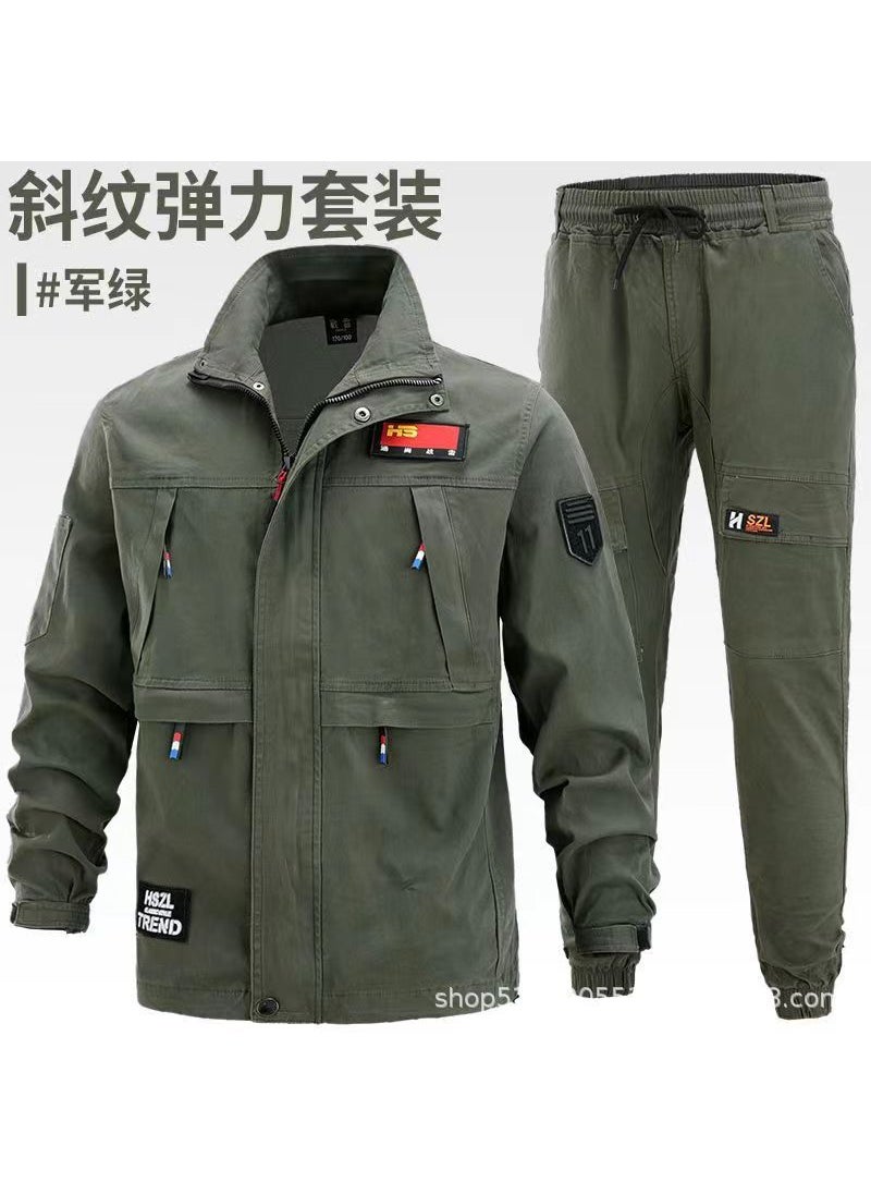 Generic Mens Spring/autumn Cotton Elastic Work Suit Set Comfortable Wear-resistant For Welding Auto Repair Outdoor Labor Protection Army green suit 