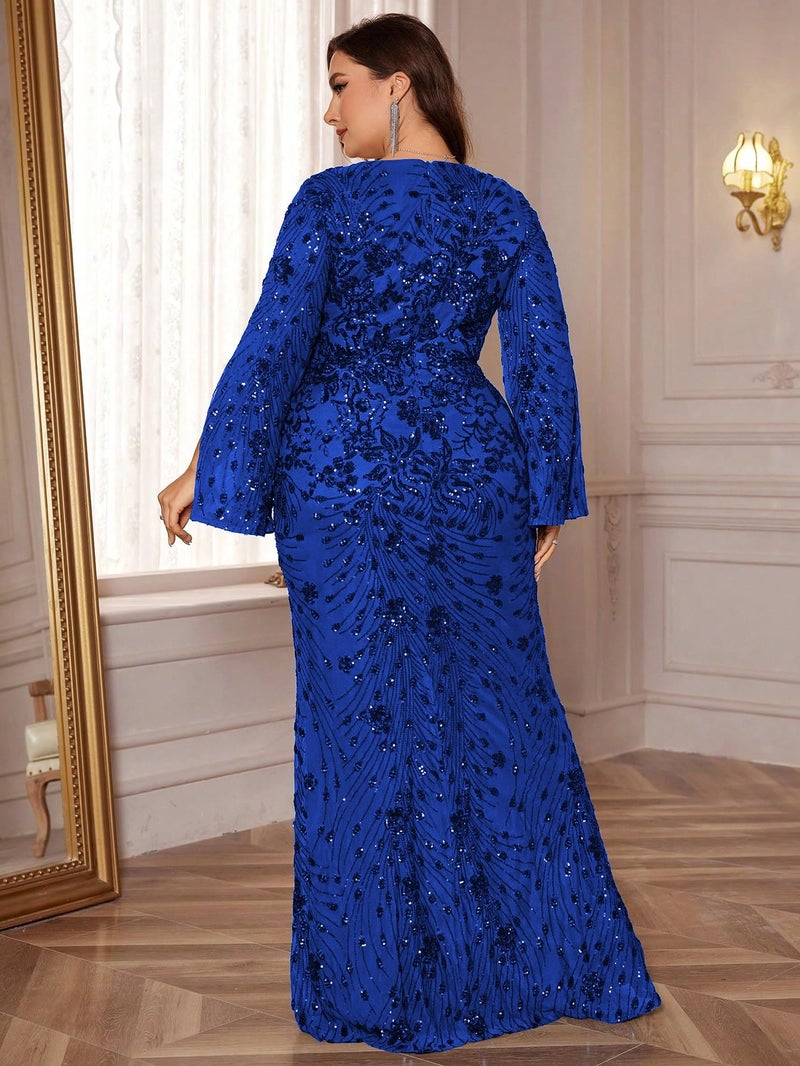 XUIBOL Plus Size Long Glitter Mermaid Dress for Mother of The Bride Women's Long Sleeve V-Neck Sequin Formal Gown Royal Blue 18 - Image 2