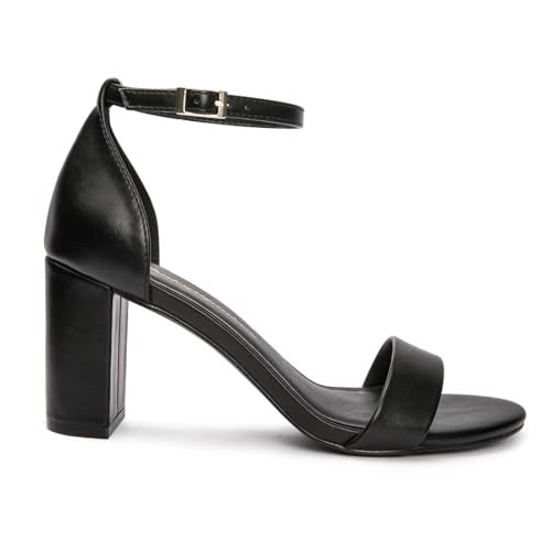 FUNKYMONKEY Women's Chunky High Heels Sandals,Two Strap Open Toe Ankle Strap Heeled Sandal,Party Wedding Strappy Buckle Sandals(9 M US, New Black) - Image 2