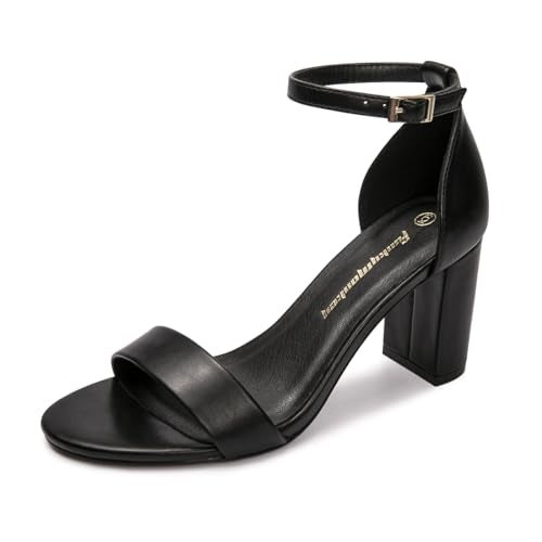 FUNKYMONKEY Women's Chunky High Heels Sandals,Two Strap Open Toe Ankle Strap Heeled Sandal,Party Wedding Strappy Buckle Sandals(9 M US, New Black) - Image 1