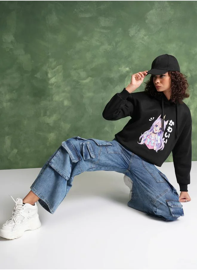 Tokyo Talkies Anime Print Dropped Shoulder Hoodie