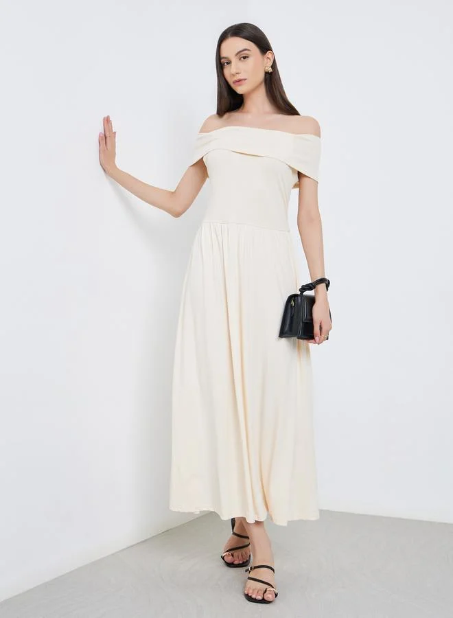 Take Two Take Two Beige Off Shoulder A-Line Midi Dress