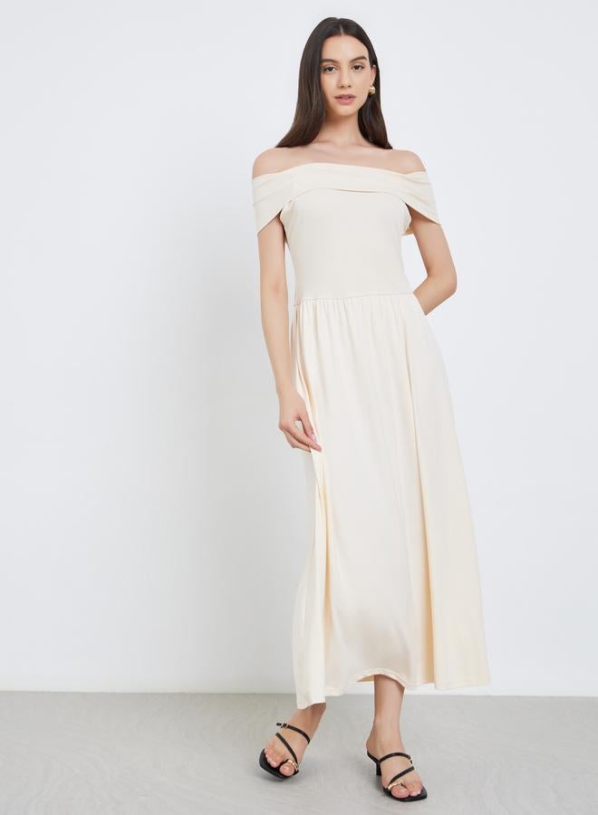 Take Two Beige Off Shoulder A-Line Midi Dress - Image 3