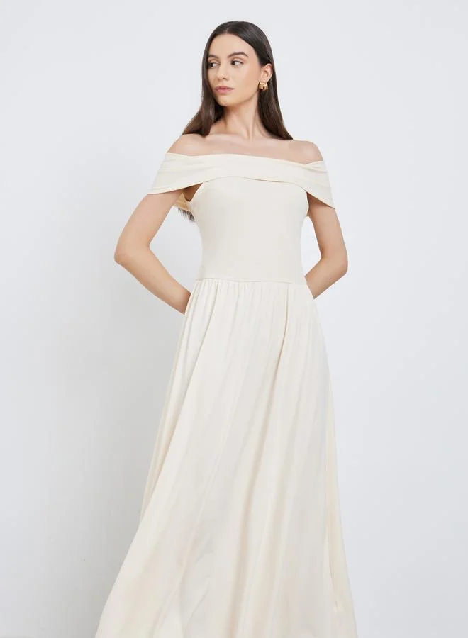 Take Two Take Two Beige Off Shoulder A-Line Midi Dress