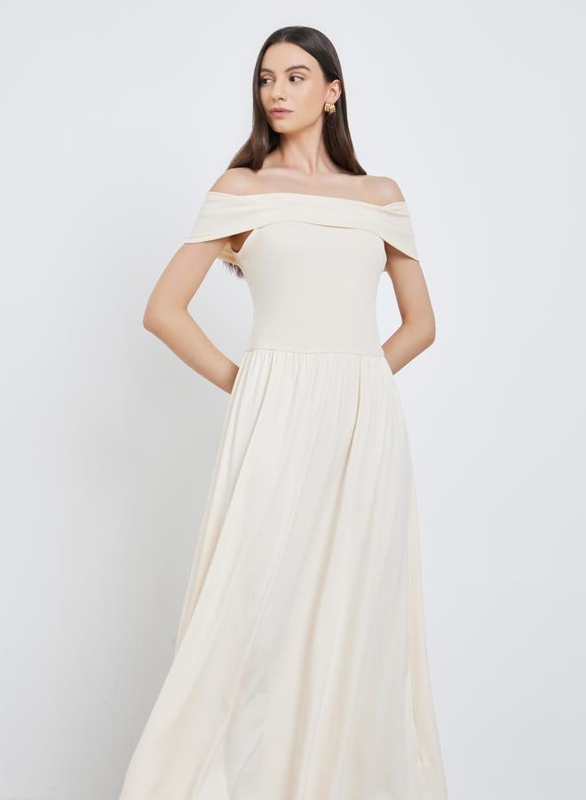 Take Two Beige Off Shoulder A-Line Midi Dress - Image 1