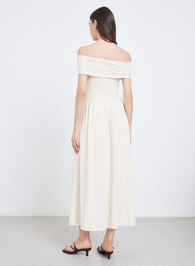 Take Two Beige Off Shoulder A-Line Midi Dress - Image 5