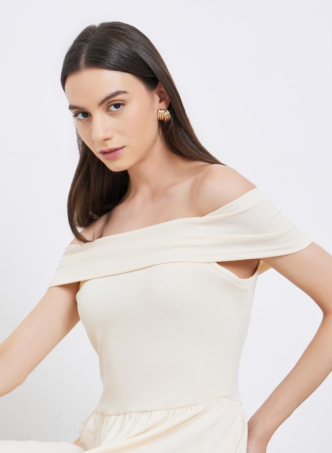 Take Two Beige Off Shoulder A-Line Midi Dress - Image 4