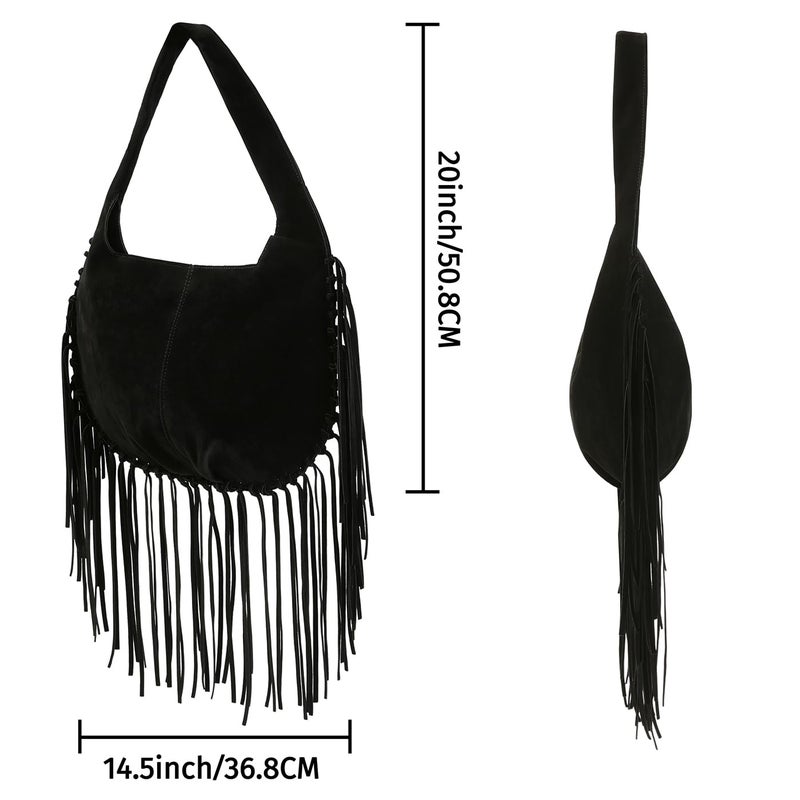 HDE Women's Faux Suede Leather Bag Fringe Tassel Shoulder Purse Western Handbag - Black - Image 3