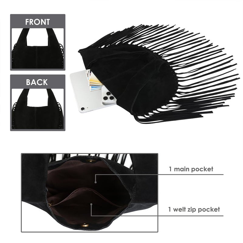 HDE Women's Faux Suede Leather Bag Fringe Tassel Shoulder Purse Western Handbag - Black - Image 4
