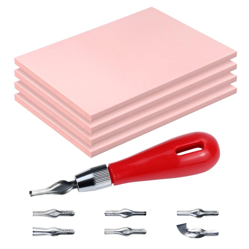 UPlama 4 Pc Rubber Block Carving Stamp Set with Cutter Tools for Printmaking and Crafts
