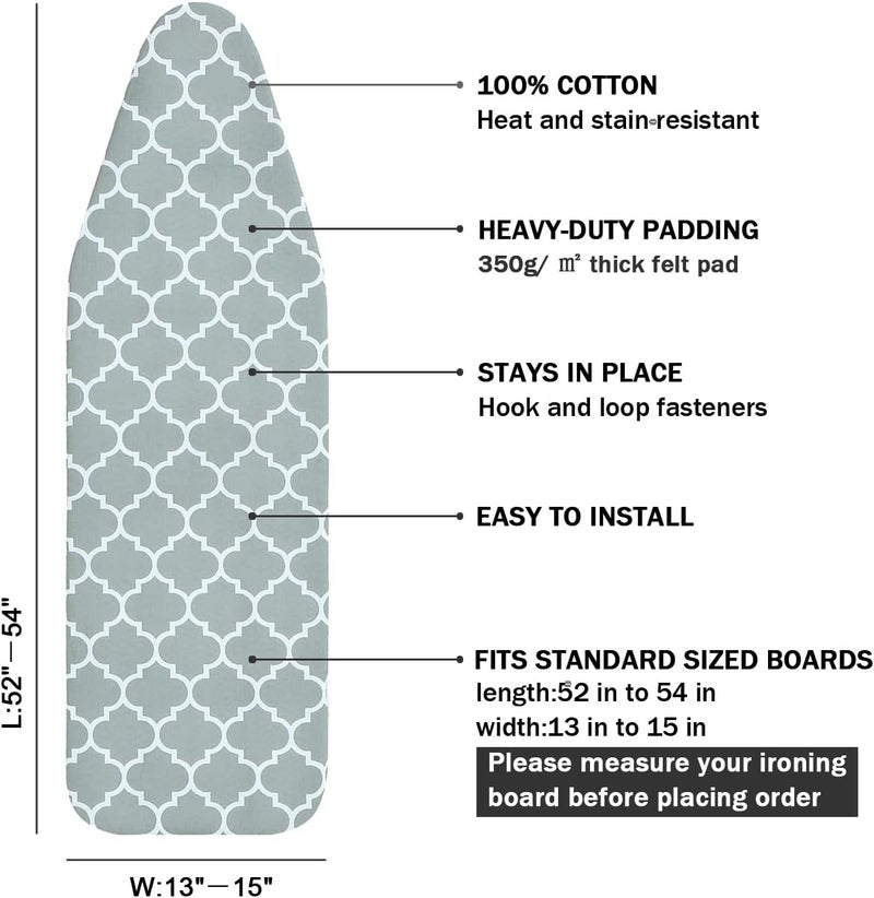 LCLW Ironing Board Cover and Pad Standard Size 15" x 54",3 Pairs of Hook and Loop Fastener Straps,Elastic Edges,Cotton Iron Board Cover with Scorch Resistant Thick Padding(012) - Image 2
