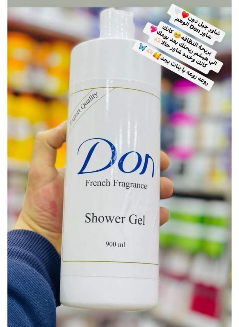 Don French Shower Gel: Softness and Moisture with a Long-Lasting Scent (1 Liter)  شاور Don الفرنسي   شاور جل بحجم كبييير جدًا وسعره خيااالي! 🔸 بينظف الجسم بعمق وبيخليه ناعم وريحته تدوم لساعات! 🔸 حجمه 1 لتر، هيقعد معاكي فترة طويلة جدًا 😍 🔸 ريحة الحمام والشقة كلها هتبقى تحفة مش بس ريحتك 💃 🔸 بعد ما تجربيه مش هتفكري في أي شاور تاني 😘 💥 فوم للبانيو 💥 رغوة مبتخلصش 💥 صابون لليد ونعومة لا تقاوم 🌷💎 خالي من الصودا الكاوية 💎 خالي من الألوان الصناعية 💎 خالي من المواد الحمضية 💎 خالي من المكثفات الصناعية ريحته تحفههه وبتفضل في الجسم لفترة طويلة من كتر جمالها