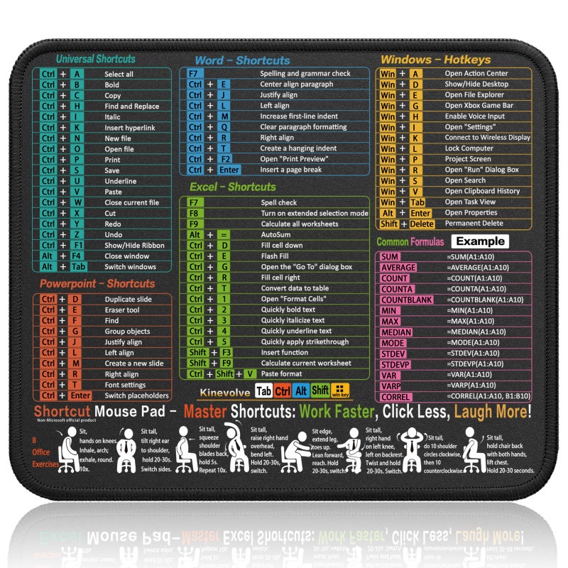 Kinevolve Mouse Pad for ExcelWordPowerPointWindows Shortcuts Small Excel Cheat Sheet Desk Pad 118x98 Portable Computer Mousepad Gaming Office Waterproof NonSlip Stitched Edges - Image 2