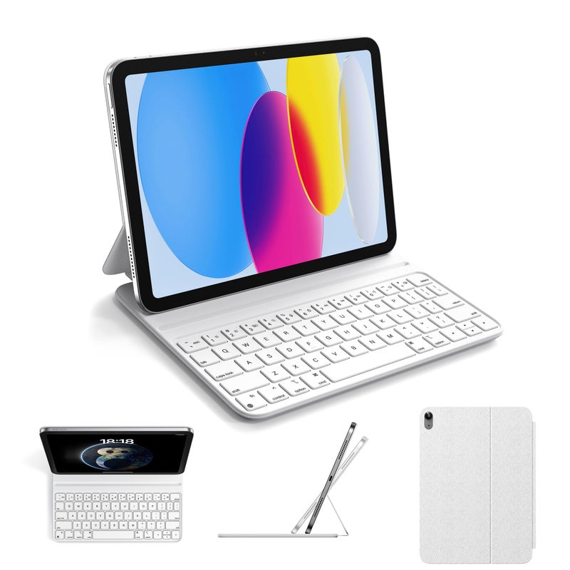 HOU Slim Bluetooth Keyboard Case for 2025 11thGen iPad A16 2022 10thGen iPad Smart Folio Magnetic Stand with 2 Ergonomic Tilt Angles Recyclable Synthetic Leather LongLife Battery White - Image 2