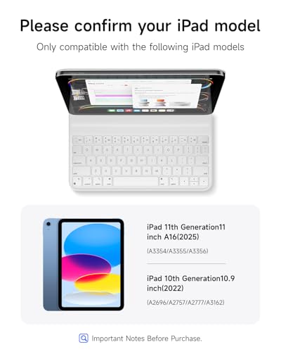 HOU Slim Bluetooth Keyboard Case for 2025 11thGen iPad A16 2022 10thGen iPad Smart Folio Magnetic Stand with 2 Ergonomic Tilt Angles Recyclable Synthetic Leather LongLife Battery White - Image 3