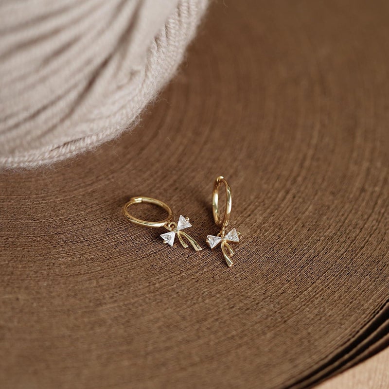 ShineRose Dangle Bow Earrings For Women 14k Gold Plated Huggie Hoop Silver Dangling CZ Drop Small Cute Ribbon Dainty Trendy Christmas Gifts Jewelry (Gold-Ribbon Bow Earrings) - Image 5