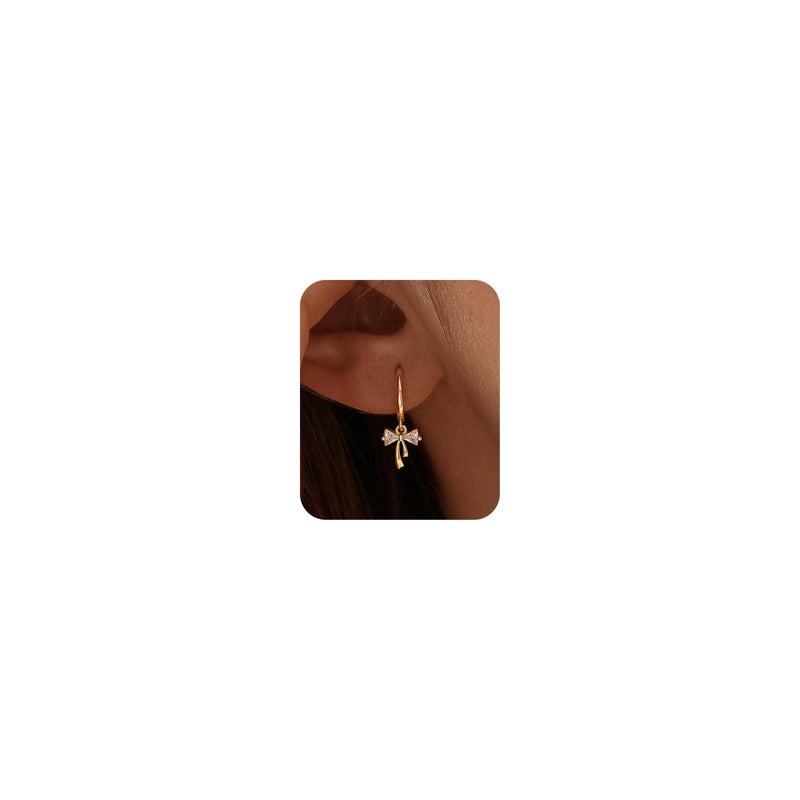 ShineRose Dangle Bow Earrings For Women 14k Gold Plated Huggie Hoop Silver Dangling CZ Drop Small Cute Ribbon Dainty Trendy Christmas Gifts Jewelry (Gold-Ribbon Bow Earrings) - Image 1