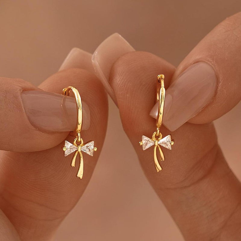 ShineRose Dangle Bow Earrings For Women 14k Gold Plated Huggie Hoop Silver Dangling CZ Drop Small Cute Ribbon Dainty Trendy Christmas Gifts Jewelry (Gold-Ribbon Bow Earrings) - Image 4