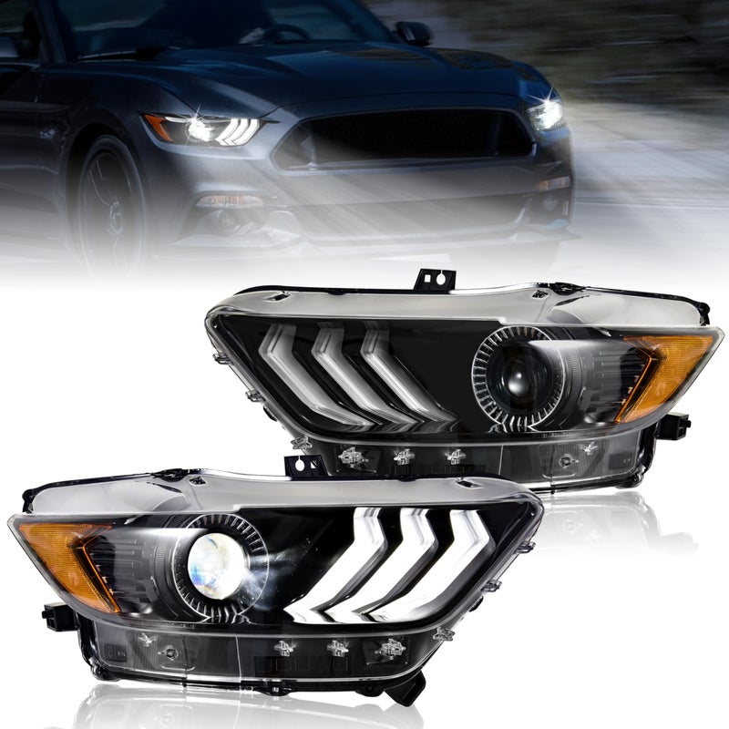 مجموعة مصابيح أمامية KEWISAUTO لفورد موستانج 2015-2017 مع هيكل أسود وعدسة شفافة بديل لمصابيح 2015 2016 2017 فورد موستانج 2PCS جانب السائق والراكب