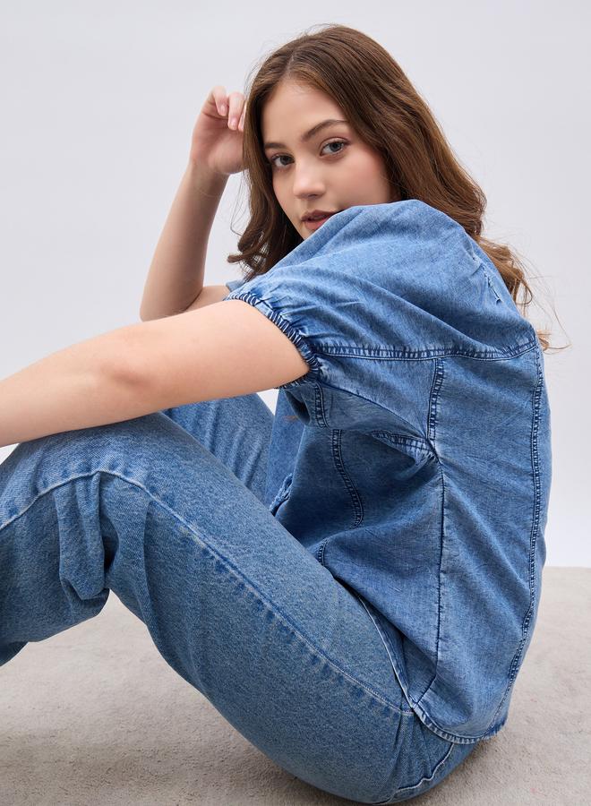 Styli Women Blue Denim Ruffle Shirt - Image 5