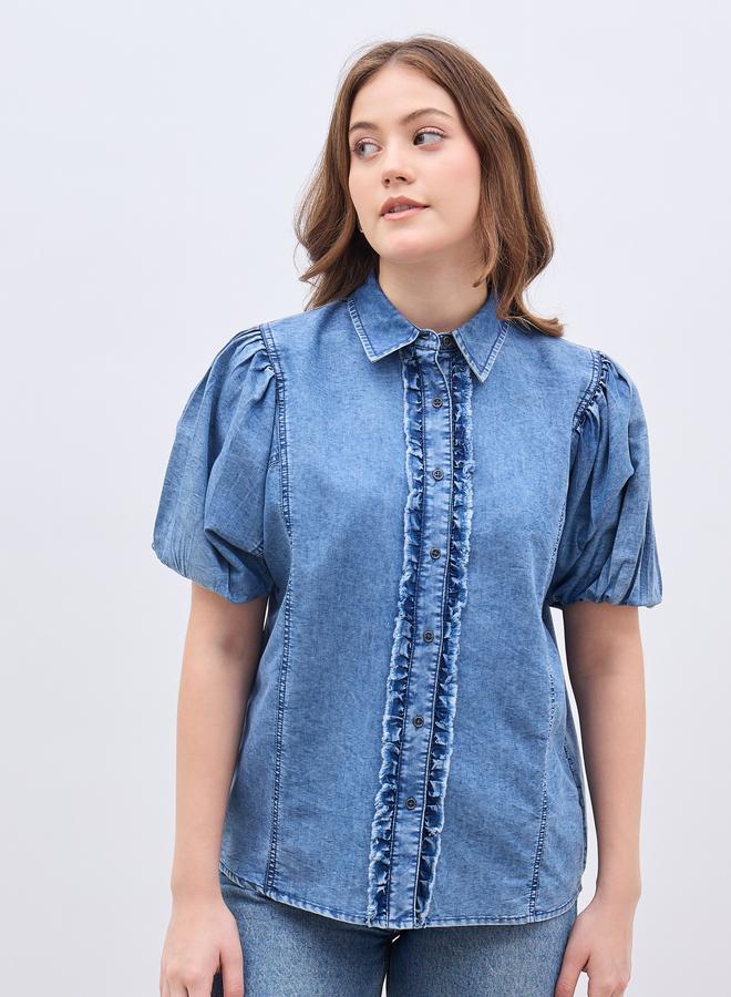 Styli Women Blue Denim Ruffle Shirt - Image 1