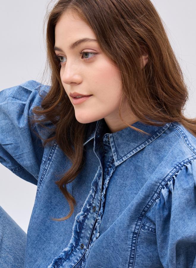 Styli Women Blue Denim Ruffle Shirt - Image 3