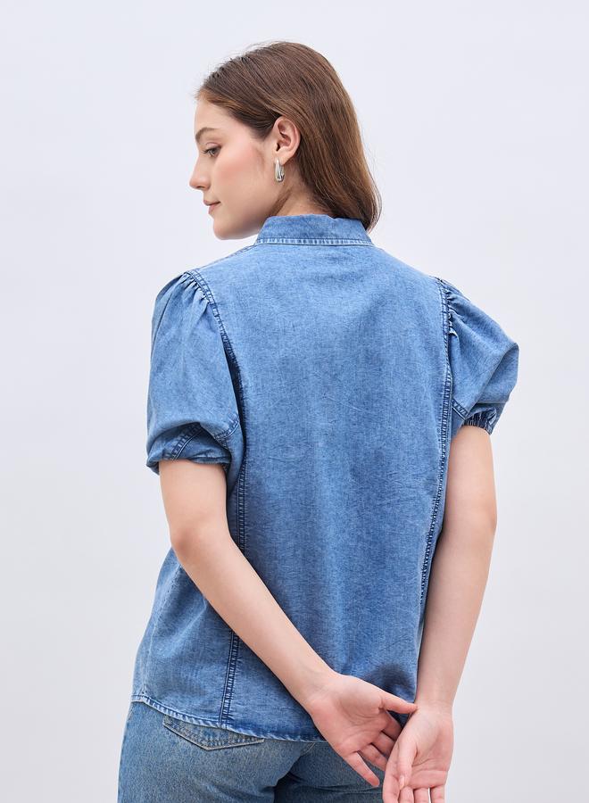 Styli Women Blue Denim Ruffle Shirt - Image 4