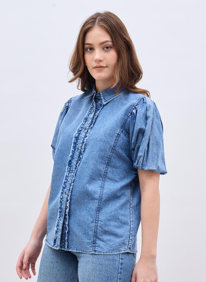Styli Women Blue Denim Ruffle Shirt - Image 2