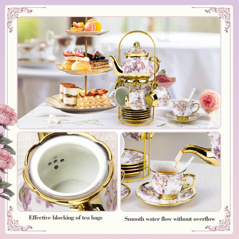 Hebaogugu 20 Pcs Porcelain Tea Set with Metal Holder, European Ceramic Tea Set for Adults, Adult Tea Set Gift, Flower Tea Cup Saucer Set for Party With Gold Flower Painting (Elegant Purple/500ml) - Image 3